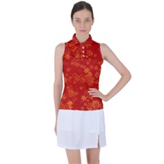 Orange Red Floral Print Women s Sleeveless Polo Tee by SpinnyChairDesigns