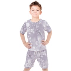 Pale Mauve White Flowers Kids  Tee And Shorts Set by SpinnyChairDesigns