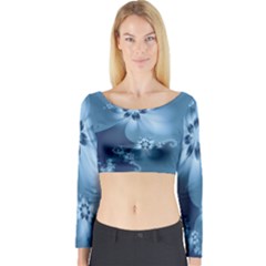 Steel Blue Flowers Long Sleeve Crop Top by SpinnyChairDesigns