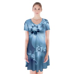Steel Blue Flowers Short Sleeve V-neck Flare Dress