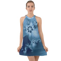 Steel Blue Flowers Halter Tie Back Chiffon Dress