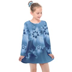 Steel Blue Flowers Kids  Long Sleeve Dress