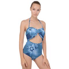 Steel Blue Flowers Scallop Top Cut Out Swimsuit