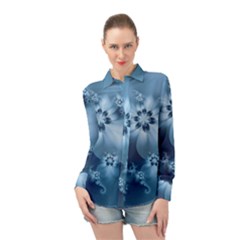 Steel Blue Flowers Long Sleeve Chiffon Shirt