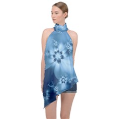 Steel Blue Flowers Halter Asymmetric Satin Top