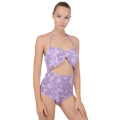 Lavender And White Flowers Scallop Top Cut Out Swimsuit by SpinnyChairDesigns