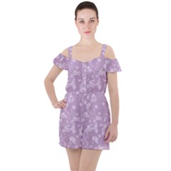 Lavender And White Flowers Ruffle Cut Out Chiffon Playsuit by SpinnyChairDesigns