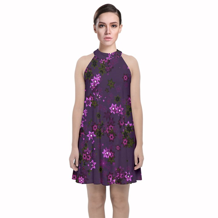 Purple Flowers Velvet Halter Neckline Dress 