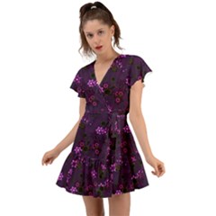 Purple Flowers Flutter Sleeve Wrap Dress by SpinnyChairDesigns