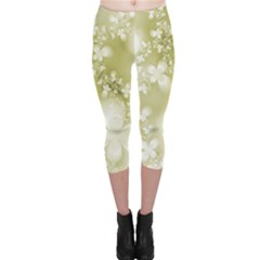 Olive Green With White Flowers Capri Leggings 