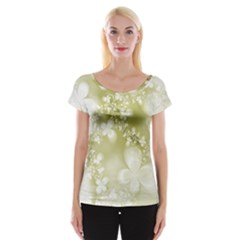 Olive Green With White Flowers Cap Sleeve Top by SpinnyChairDesigns