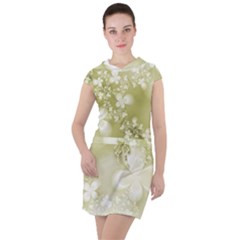 Olive Green With White Flowers Drawstring Hooded Dress