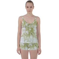 Olive Green With White Flowers Tie Front Two Piece Tankini