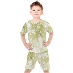 Olive Green With White Flowers Kids  Tee And Shorts Set