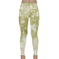 Olive Green With White Flowers Lightweight Velour Classic Yoga Leggings by SpinnyChairDesigns