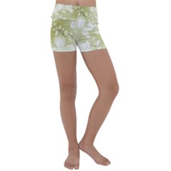 Olive Green With White Flowers Kids  Lightweight Velour Yoga Shorts