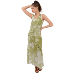 Olive Green With White Flowers V-neck Chiffon Maxi Dress