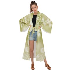 Olive Green With White Flowers Maxi Kimono by SpinnyChairDesigns