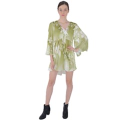 Olive Green With White Flowers V-neck Flare Sleeve Mini Dress by SpinnyChairDesigns