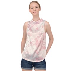 Baby Pink Floral Print High Neck Satin Top by SpinnyChairDesigns