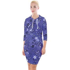 Slate Blue With White Flowers Quarter Sleeve Hood Bodycon Dress by SpinnyChairDesigns