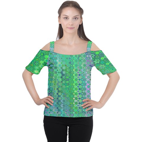 Boho Green Floral Print Cutout Shoulder Tee by SpinnyChairDesigns