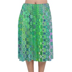 Boho Green Floral Print Velvet Flared Midi Skirt by SpinnyChairDesigns
