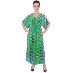 Boho Green Floral Print V-neck Boho Style Maxi Dress by SpinnyChairDesigns