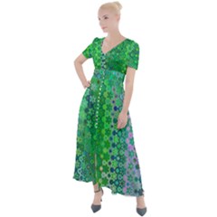 Boho Green Floral Print Button Up Short Sleeve Maxi Dress