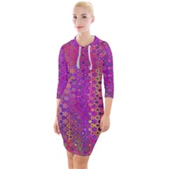 Boho Fuchsia Floral Print  Quarter Sleeve Hood Bodycon Dress by SpinnyChairDesigns