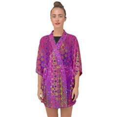 Boho Fuchsia Floral Print  Half Sleeve Chiffon Kimono