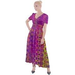 Boho Fuchsia Floral Print  Button Up Short Sleeve Maxi Dress by SpinnyChairDesigns