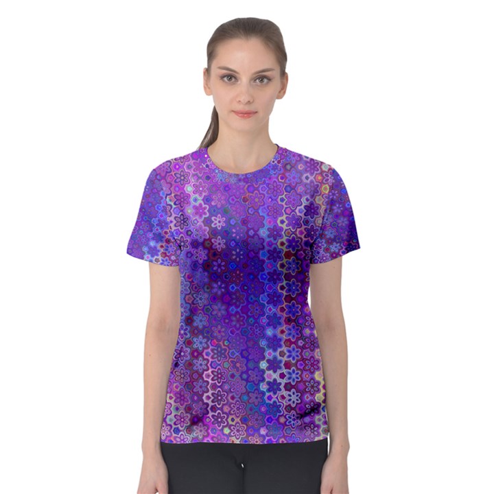 Boho Purple Floral Print Women s Sport Mesh Tee