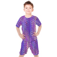 Boho Purple Floral Print Kids  Tee And Shorts Set by SpinnyChairDesigns