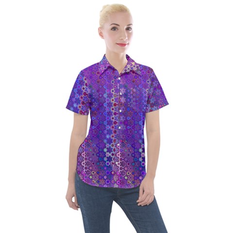Boho Purple Floral Print Women s Short Sleeve Pocket Shirt by SpinnyChairDesigns