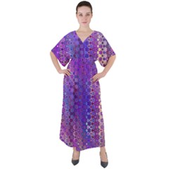 Boho Purple Floral Print V-neck Boho Style Maxi Dress by SpinnyChairDesigns