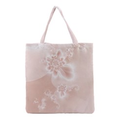 Tan White Floral Print Grocery Tote Bag by SpinnyChairDesigns