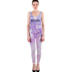 White Purple Floral Print One Piece Catsuit by SpinnyChairDesigns