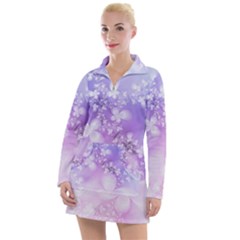 White Purple Floral Print Women s Long Sleeve Casual Dress by SpinnyChairDesigns