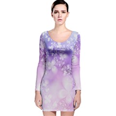 White Purple Floral Print Long Sleeve Velvet Bodycon Dress by SpinnyChairDesigns