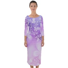 White Purple Floral Print Quarter Sleeve Midi Bodycon Dress by SpinnyChairDesigns