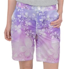 White Purple Floral Print Pocket Shorts by SpinnyChairDesigns