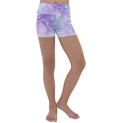 White Purple Floral Print Kids  Lightweight Velour Yoga Shorts by SpinnyChairDesigns