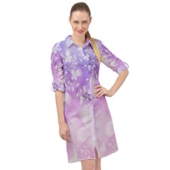White Purple Floral Print Long Sleeve Mini Shirt Dress by SpinnyChairDesigns