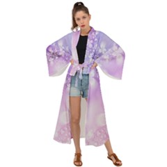 White Purple Floral Print Maxi Kimono by SpinnyChairDesigns