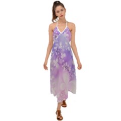 White Purple Floral Print Halter Tie Back Dress  by SpinnyChairDesigns