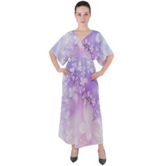 White Purple Floral Print V-neck Boho Style Maxi Dress by SpinnyChairDesigns