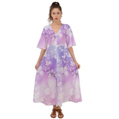 White Purple Floral Print Kimono Sleeve Boho Dress by SpinnyChairDesigns