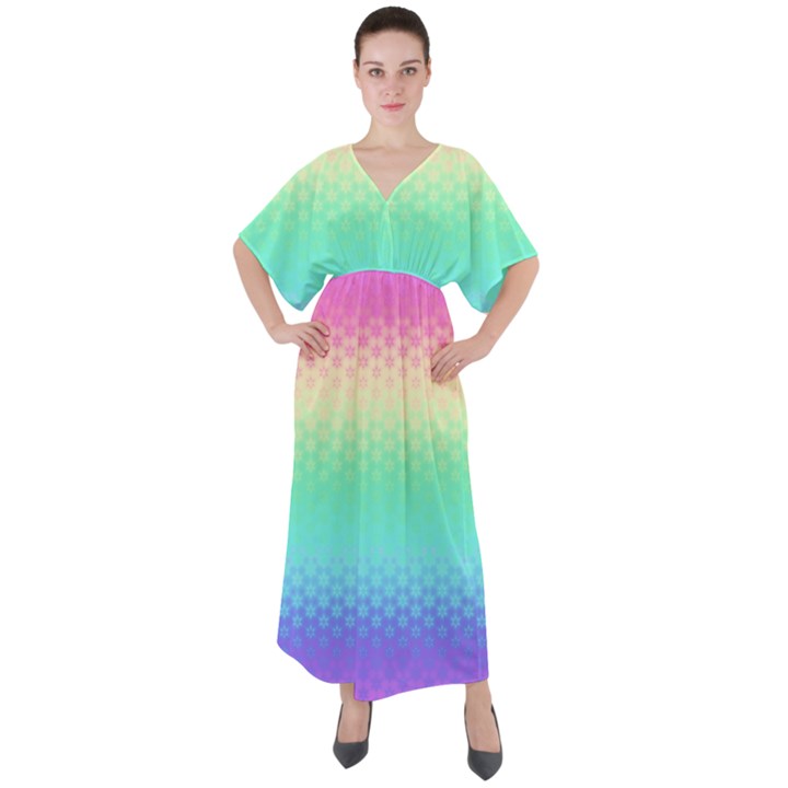 Rainbow Floral Ombre Print V-Neck Boho Style Maxi Dress