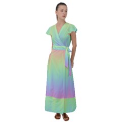 Pastel Rainbow Gradient Flutter Sleeve Maxi Dress by SpinnyChairDesigns